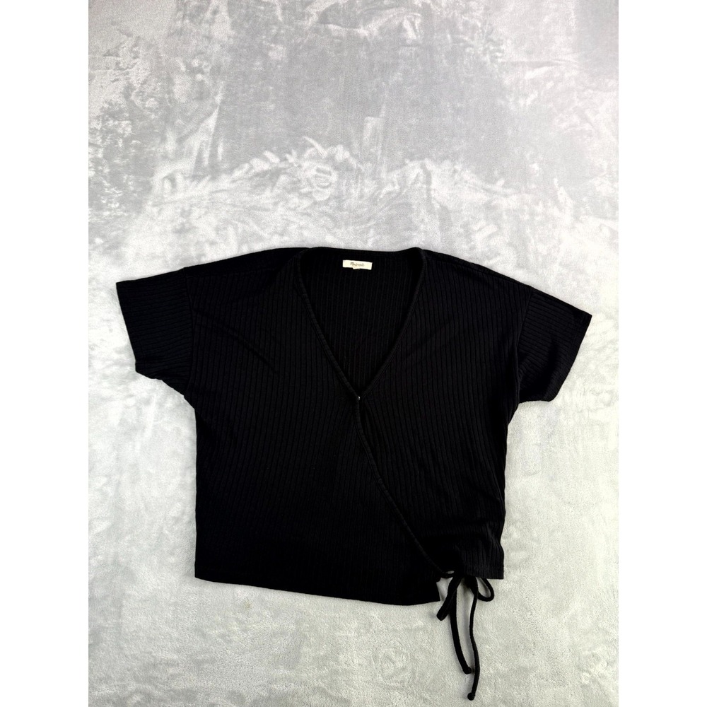 Madewell Ribbed Blouse Top Womens 2XL Black Preppy Wrap Neck Side Tie Cap Sleeve